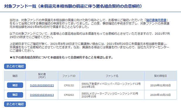 未償還元本相当額の償還に伴う特定組合契約の合意契約