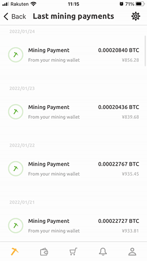 仮想通貨マイニング（NiceHash）の収入一覧